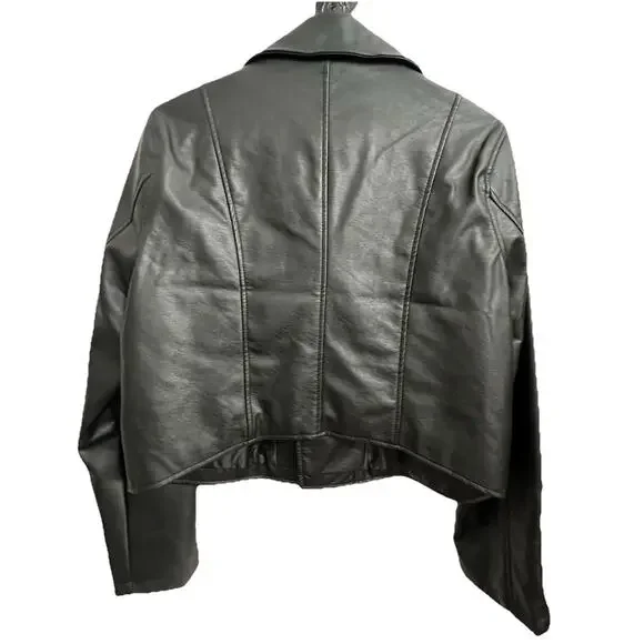 SKY Plus Women's Black Biker Jacket Faux Leather Silver Zip Cropped Plus Size 1X - Picture 3 of 7